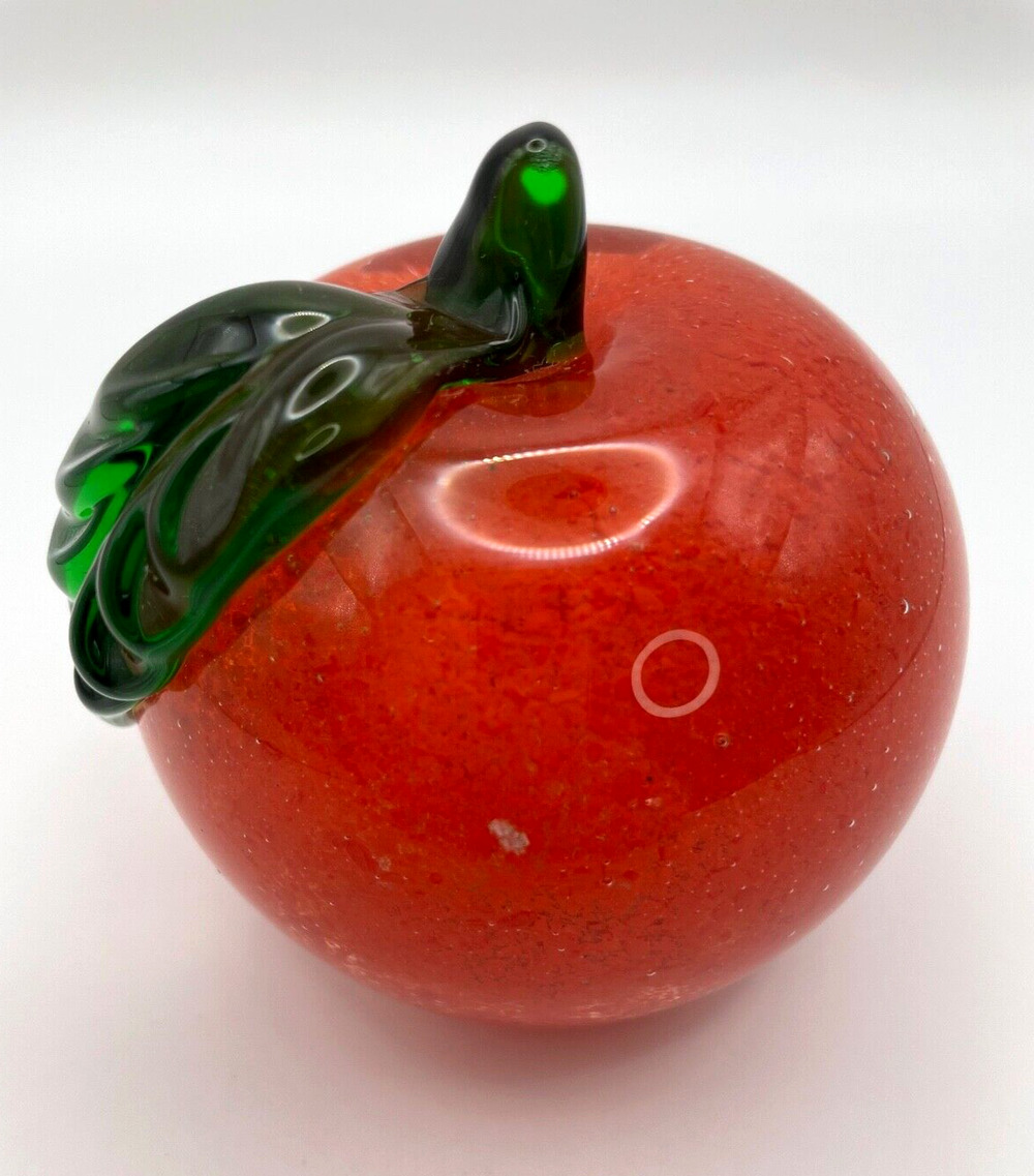 Red Speckled Glass Hand Blown Apple Paperweight Figurine 3" Pre-owned